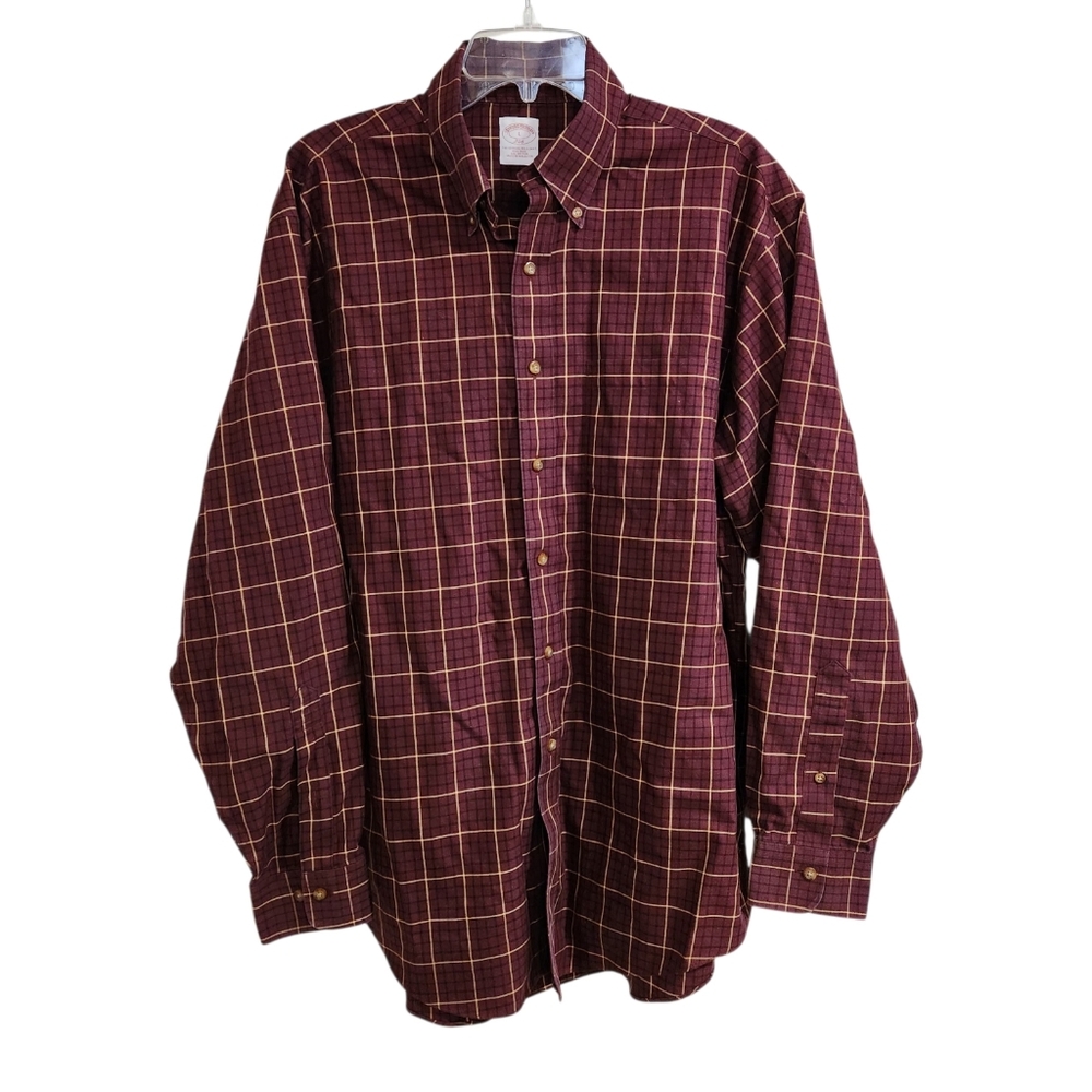 Brooks Brothers Men Large Plaid Button Down Long Sleeve Shirt Regular Fit Cotton